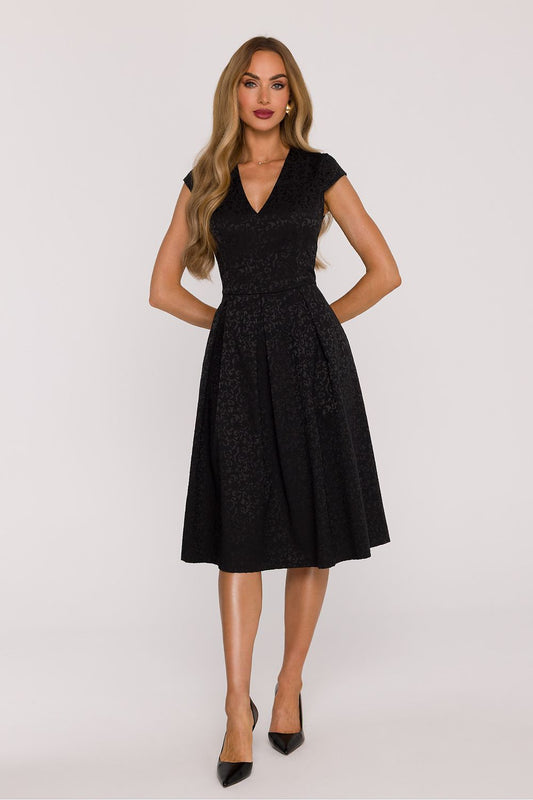 Elegant V-Neck Knee-Length Dress by Moe, showcasing a stylish fit & flare design in jacquard fabric with an embossed pattern, perfect for special occasions.