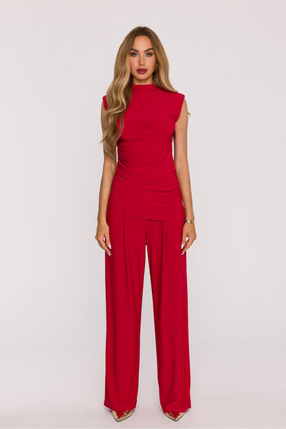 Elegant women's 2-piece knit set by Moe featuring a soft turtleneck blouse and wide-leg pants, designed for modern sophistication and comfort.