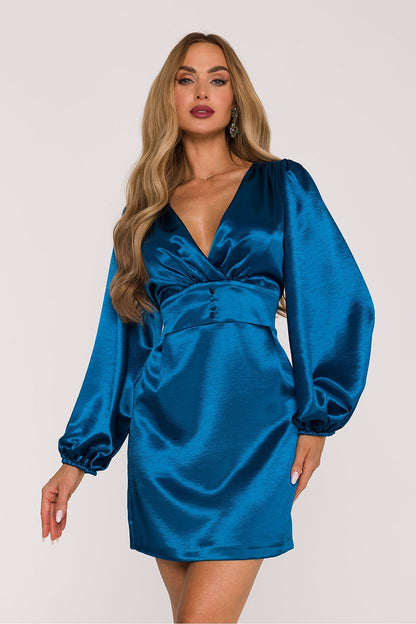 Elegant satin mini dress by Moe featuring a deep wrap neckline and romantic puffy sleeves, perfect for special occasions.