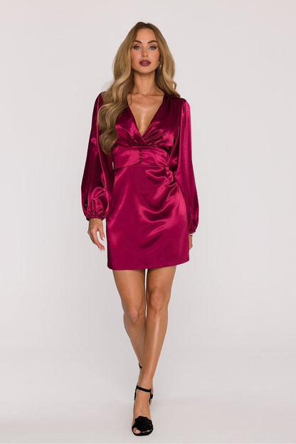 Elegant satin mini dress by Moe featuring deep wrap neckline and puffy sleeves, ideal for luxurious evening occasions.