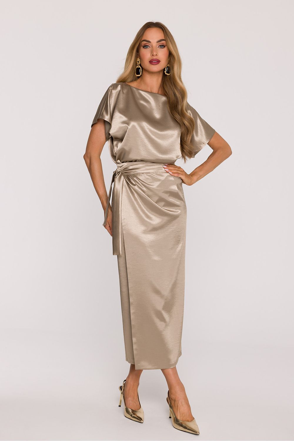 Luxury satin midi dress by Moe featuring an elegant boat neckline and adjustable fit, perfect for summer occasions.