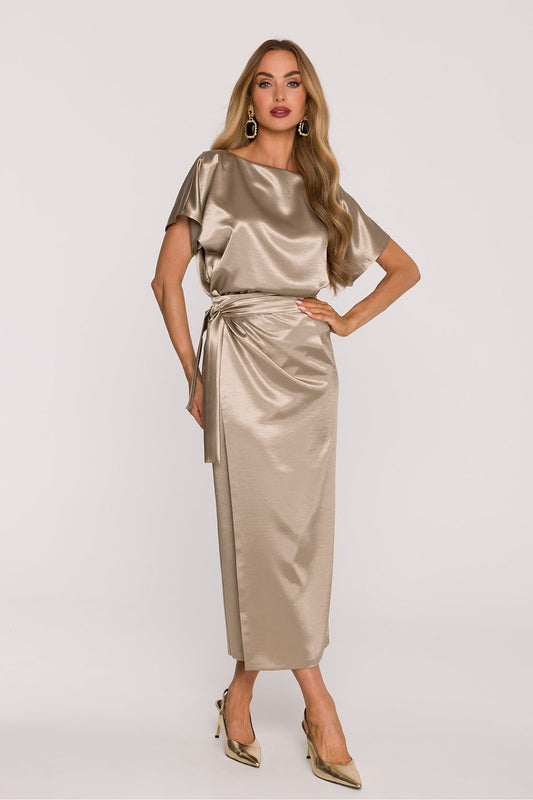 Luxury satin midi dress by Moe featuring an elegant boat neckline and adjustable fit, perfect for summer occasions.