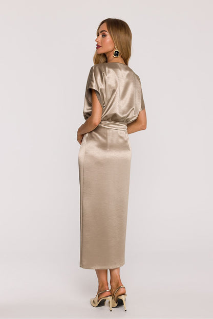 The back view of the Moe luxury satin midi dress, highlighting its elegant silhouette and lightweight design for warmer days.