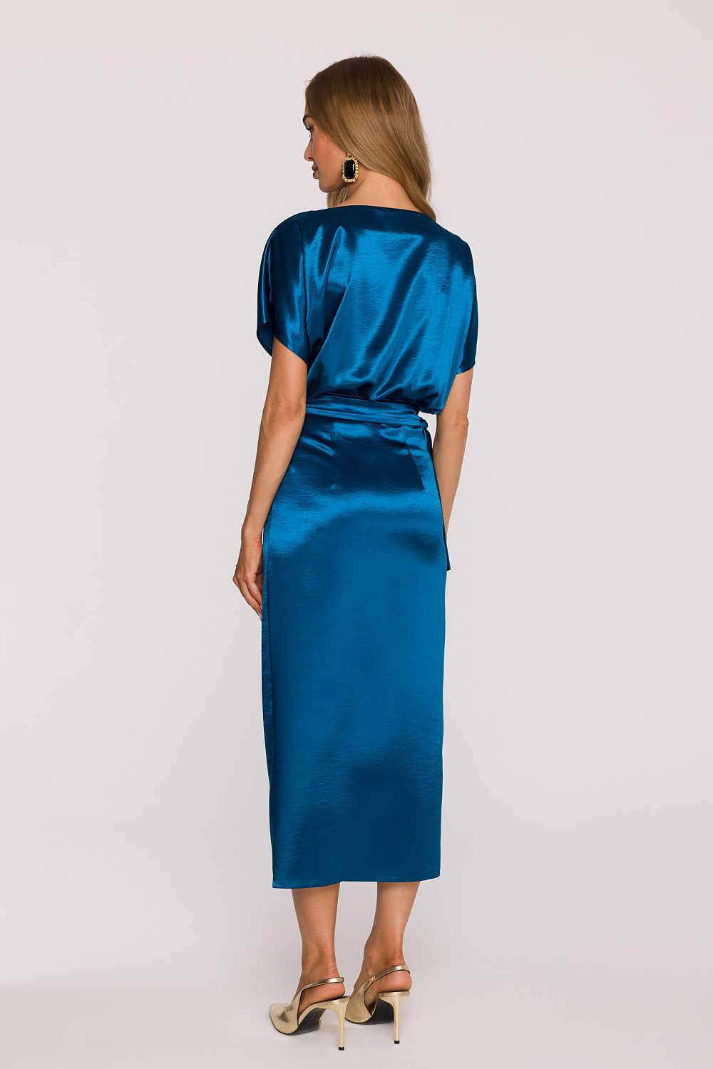 Luxury Satin Midi Dress by Moe featuring an elegant boat neckline and adjustable fit for women's fashion.