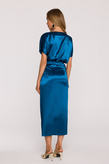 Luxury Satin Midi Dress by Moe featuring an elegant boat neckline and adjustable fit for women's fashion.