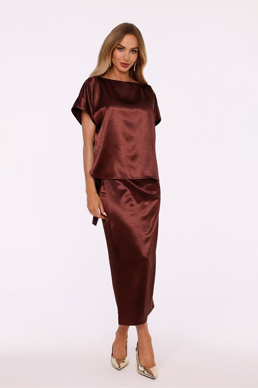 Luxury Satin Midi Dress by Moe featuring a sophisticated boat neckline that elegantly highlights the shoulders and neck.