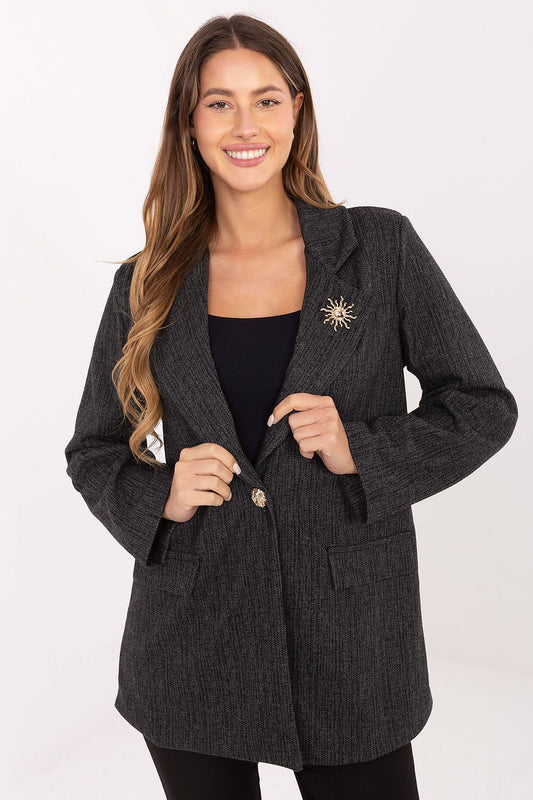 Luxury Women's Blazer Jacket by Italy Moda featuring a classic cut, elegant long sleeves, decorative brooch, and stylish notched lapels, perfect for formal and professional occasions.