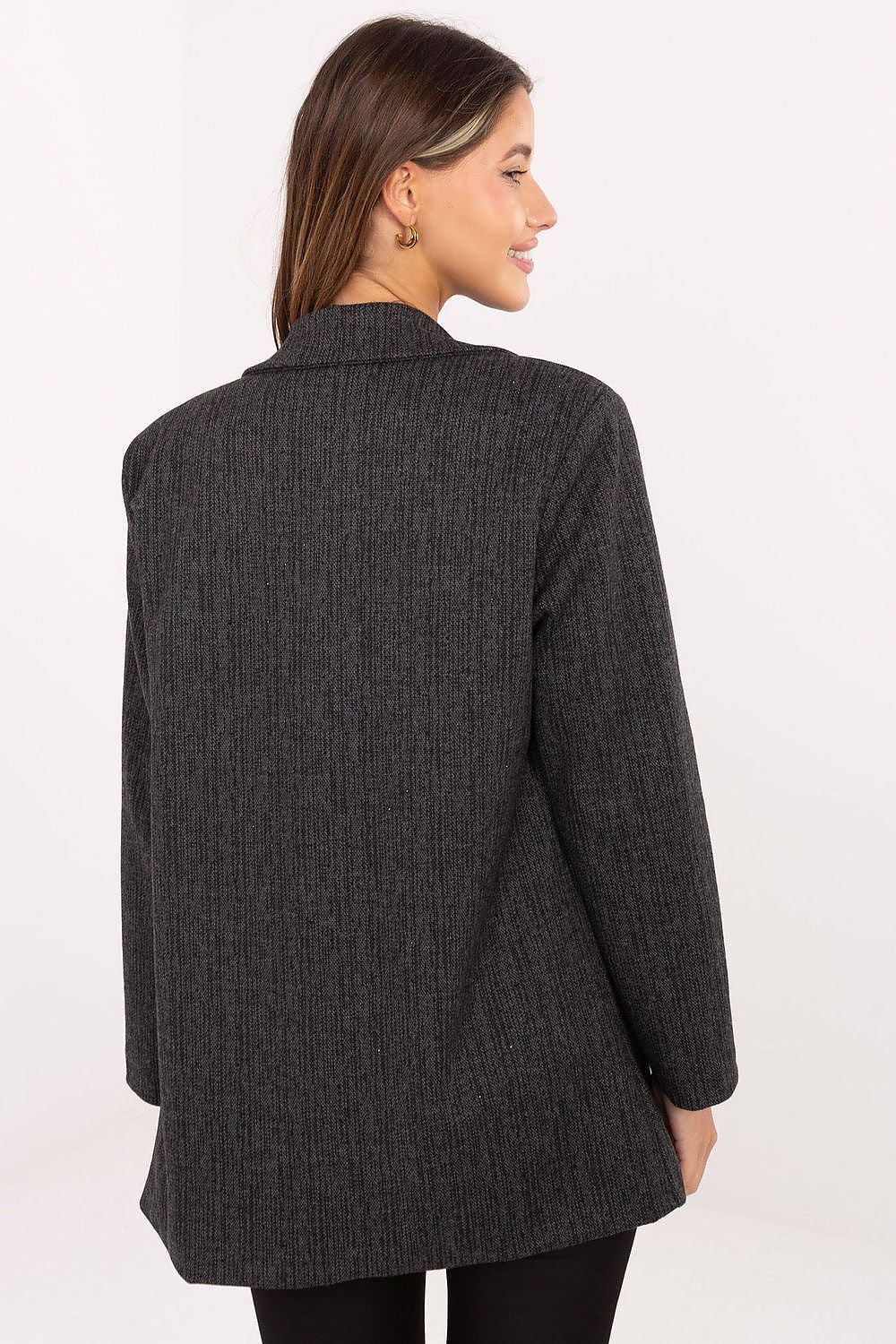 Close-up of Italy Moda luxury women's blazer jacket details, featuring notched lapels, decorative brooch, and high-quality fabric blend for a timeless fashion statement.