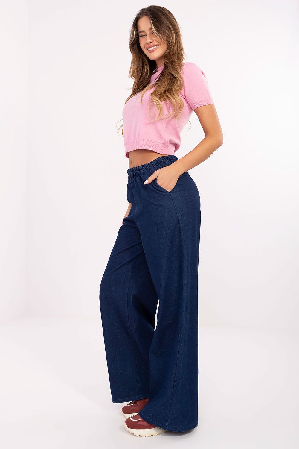 Close-up of Italy Moda Women's High Waist Wide Leg Jeans, showcasing the premium fabric blend and elegant silhouette for a luxurious everyday look.