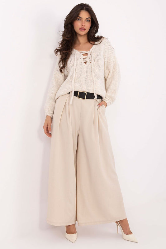 Elegant women's palazzo trousers by Italy Moda, made from high-quality viscose-polyester blend, showcasing a luxurious high waist and wide legs for a refined silhouette.