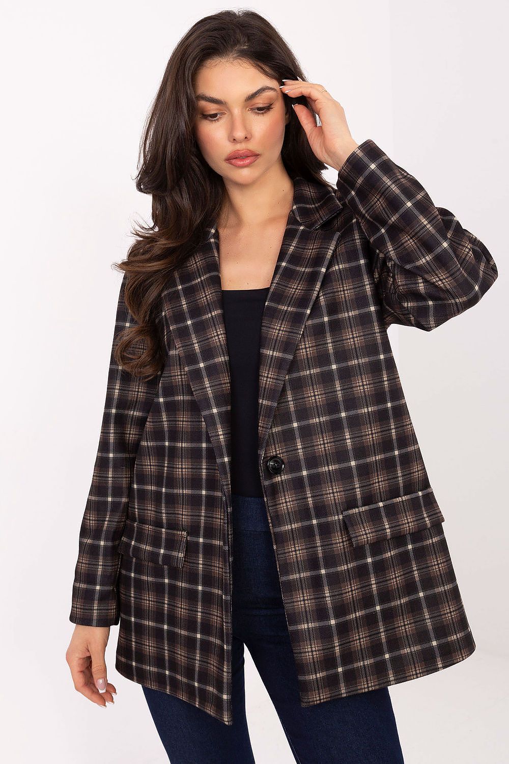 Elegant women's checked blazer with shoulder pads by Italy Moda, showcasing a sophisticated cut and high-quality viscose and polyester blend, ideal for work or casual outings.