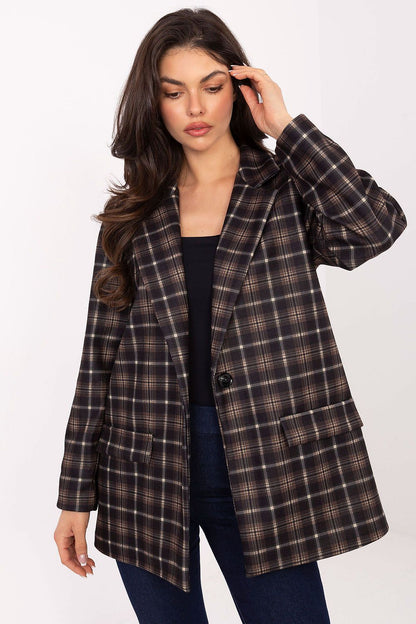 Elegant women's checked blazer with shoulder pads by Italy Moda, showcasing a sophisticated cut and high-quality viscose and polyester blend, ideal for work or casual outings.