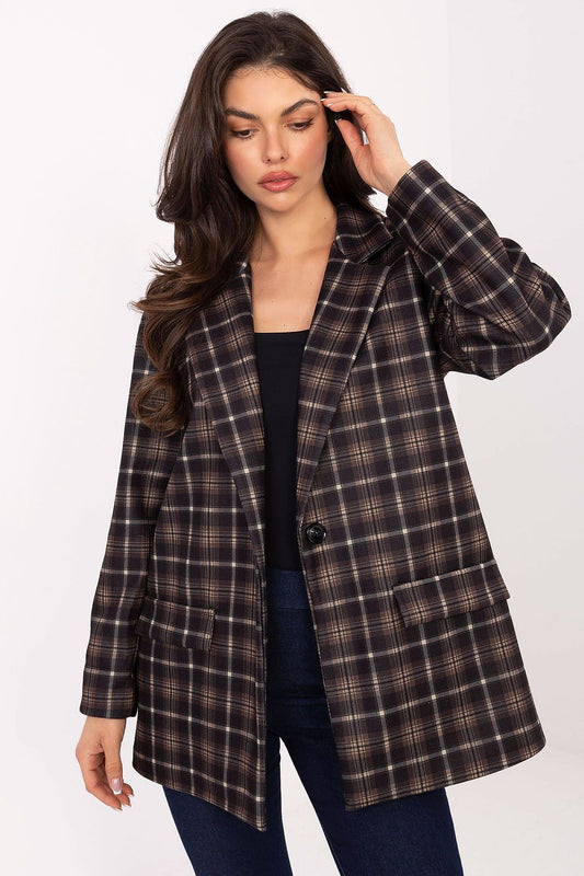 Elegant women's checked blazer with shoulder pads by Italy Moda, showcasing a sophisticated cut and high-quality viscose and polyester blend, ideal for work or casual outings.