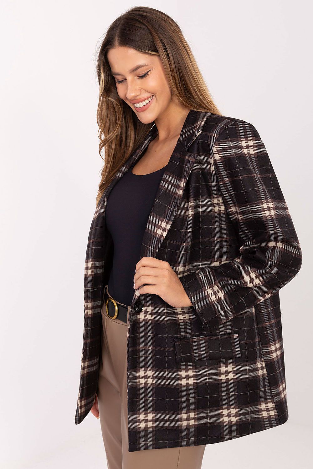 Italy Moda Women's Checkered Blazer in EU Size 0, showcasing stylish casual elegance with shoulder pads, perfect for work and everyday outings.