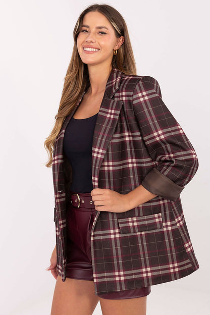 Chic view of Italy Moda's stylish checked blazer for women, highlighting the luxurious viscose-polyester blend and sophisticated shoulder pads.