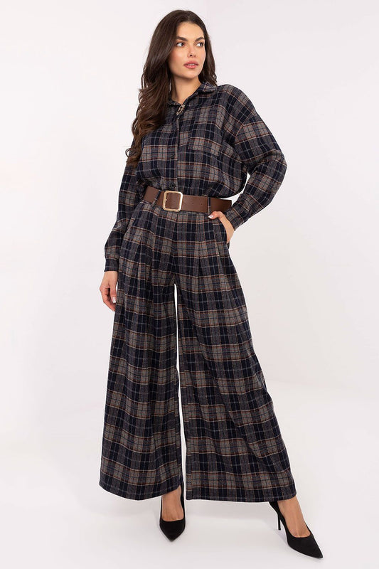 Italy Moda Women's High Waist Flannel Palazzo Pants in Checkered Pattern, Size EU 0, featuring stylish side pockets and luxurious comfort for everyday elegance.