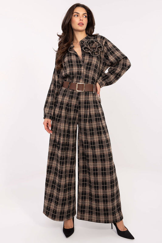 Luxury women's flannel palazzo pants by Italy Moda, featuring a high waist and elegant checkered pattern, perfect for sophisticated styling.