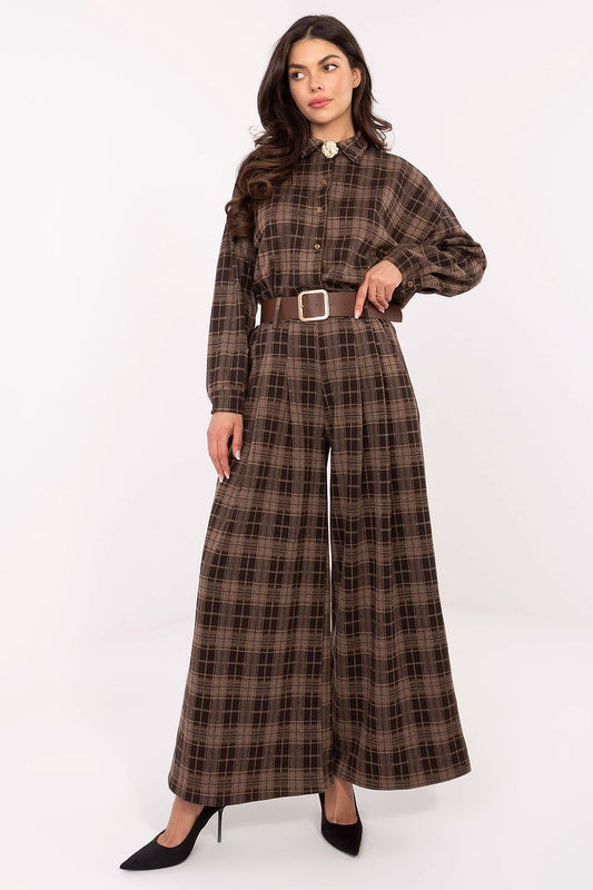 Luxury Women's High Waist Flannel Palazzo Pants by Italy Moda, featuring a checkered design and practical side pockets, perfect for elegant and casual styling.