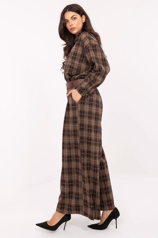 Luxury Women's High Waist Flannel Palazzo Pants by Italy Moda, featuring a chic checkered design and convenient side pockets, ideal for stylish casual and elegant outfits.