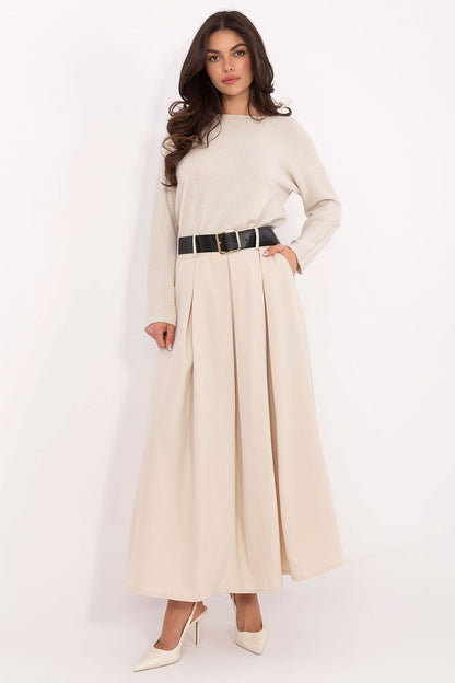 Elegant long flared maxi skirt with pockets by Italy Moda, showcasing a luxurious drape and comfortable viscose blend fabric, ideal for both formal and casual occasions.