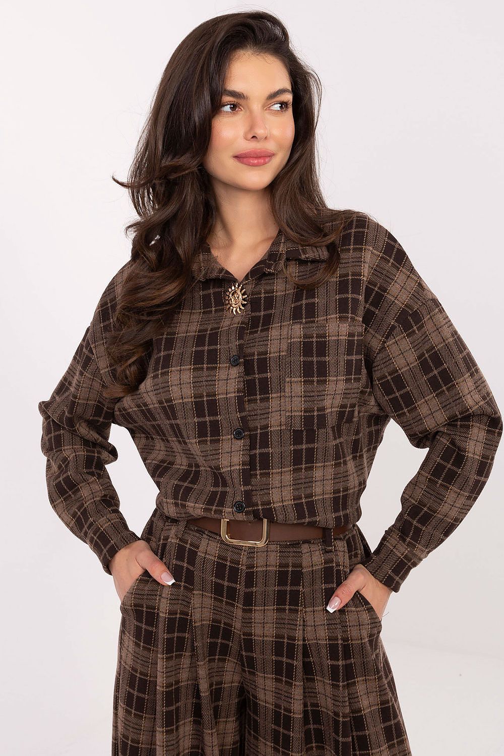 Elegant long sleeve checkered flannel shirt for women by Italy Moda, showcasing a luxurious design ideal for casual and work wear.