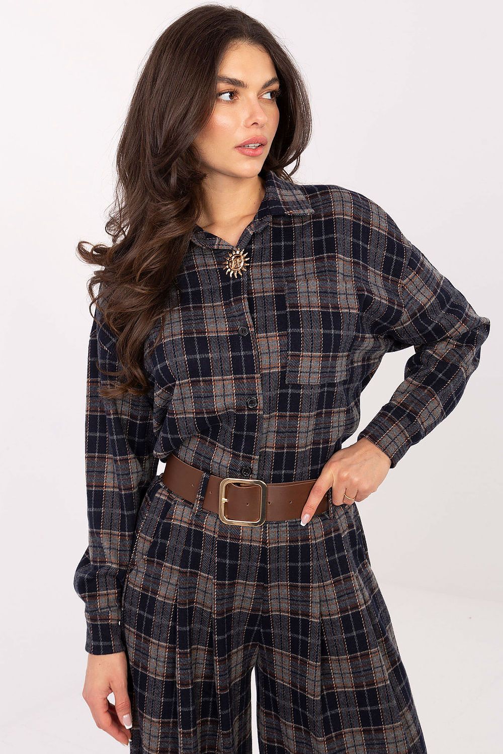 Elegant women's long sleeve flannel shirt with classic collar and checkered design by Italy Moda, featuring stylish pocket and detachable brooch, perfect for luxurious casual and work outfits.