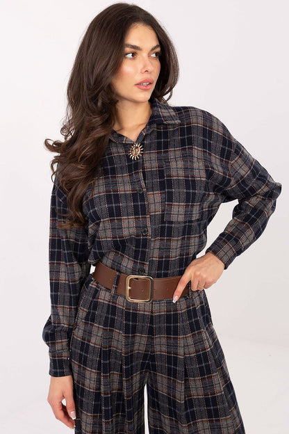 Elegant women's long sleeve flannel shirt with classic collar and checkered design by Italy Moda, featuring stylish pocket and detachable brooch, perfect for luxurious casual and work outfits.