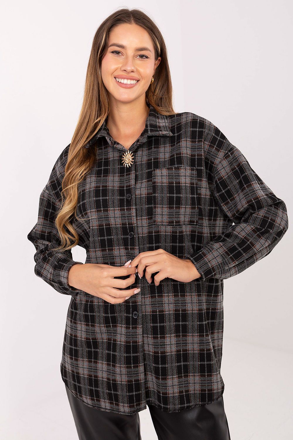 Elegant long sleeve checkered flannel shirt for women by Italy Moda, perfect for stylish work and casual wear.