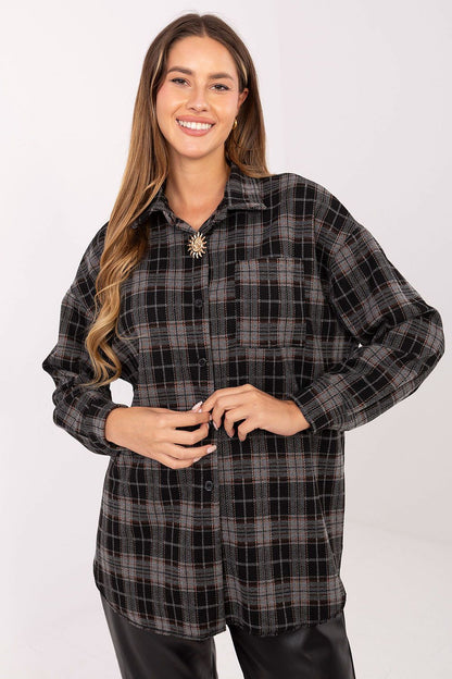 Elegant long sleeve checkered flannel shirt for women by Italy Moda, perfect for stylish work and casual wear.
