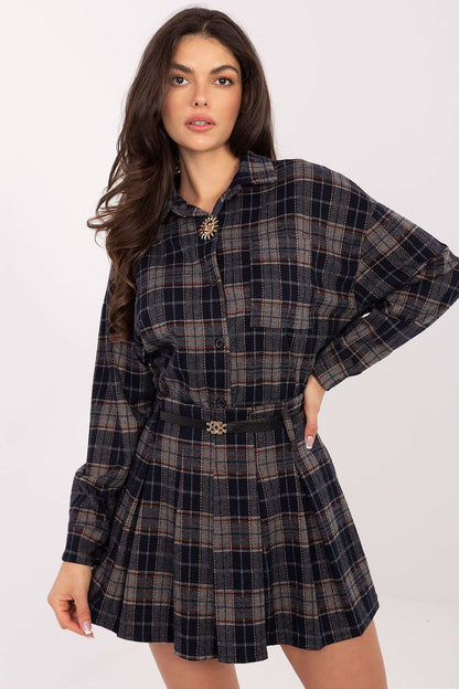 Luxurious mini skirt by Italy Moda featuring a stylish checkered pattern and elegant godets, available in sizes S/M and L/XL, perfect for chic casual and formal outfits.