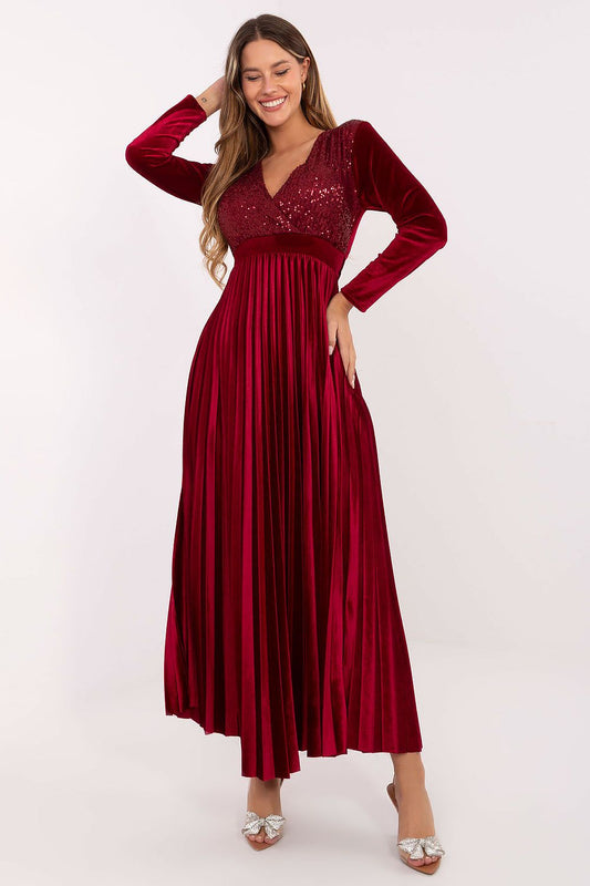 Elegant long maxi dress by Italy Moda featuring sequin details, wrap neckline, and flattering pleated skirt, perfect for formal occasions.