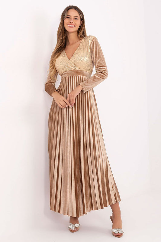 Elegant long maxi dress by Italy Moda in a lightweight viscose and polyester blend, featuring sequins, a wrap neckline, and long sleeves, perfect for formal occasions.