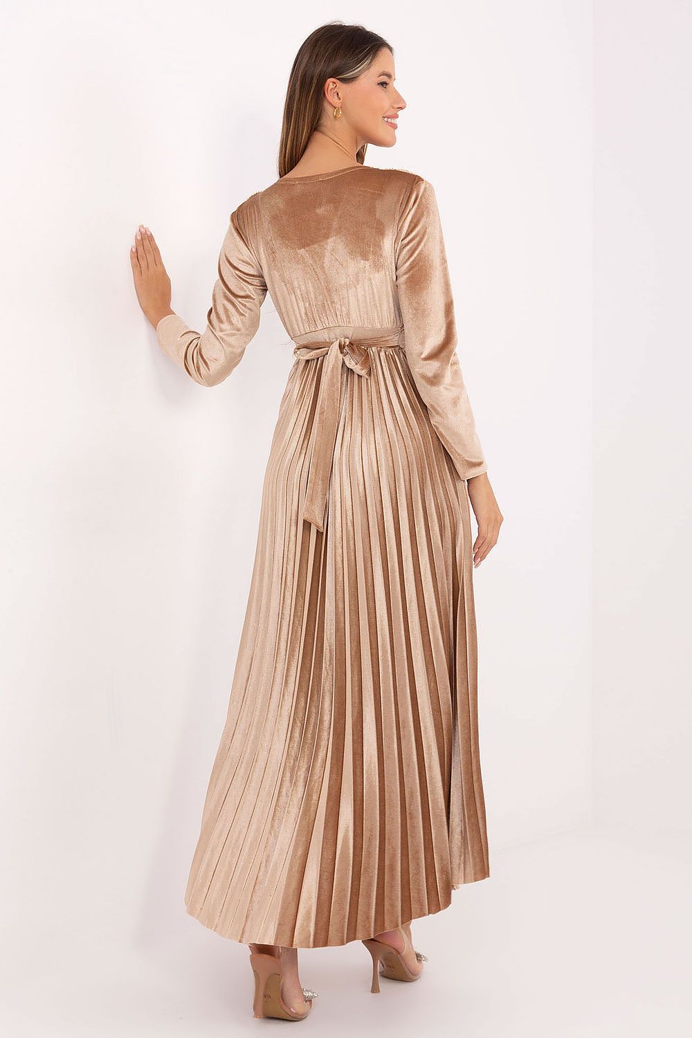 Luxury lightweight viscose and polyester blend maxi dress by Italy Moda, showcasing a flared pleated bottom for graceful movement and a sash tie for a customized fit.