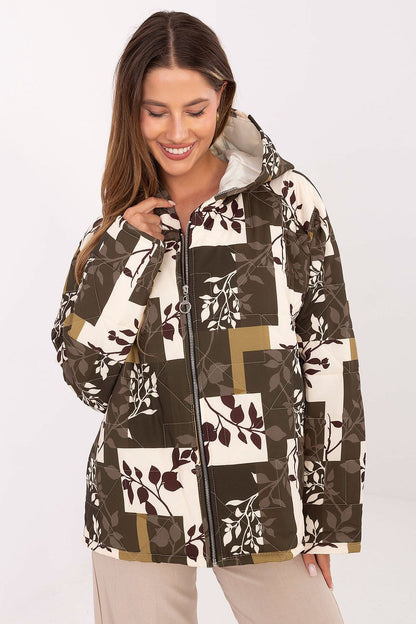 Luxurious Italy Moda women's quilted jacket in vibrant colours, featuring a hood and elegant print, ideal for autumn and spring transitions.