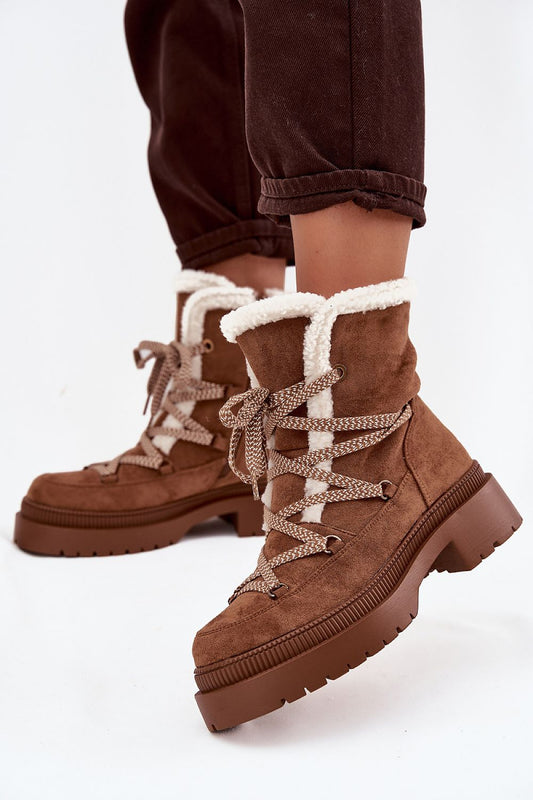 Elegant women's eco-suede snow boots with faux fur detailing, featuring a zipper and lacing for a secure fit, designed by Step in Style. Perfect for winter elegance and comfort.