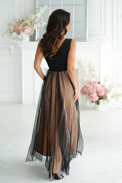 Stylish Bicotone long dress with a delicate neckline and a versatile rose belt for personalised styling options.