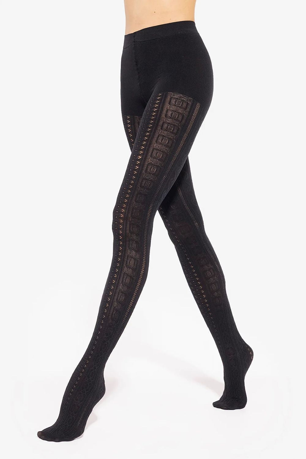 Gatta Fabiane 07 black tights featuring an elegant braided motif, designed for a chic and slim silhouette, available in EU sizes 2-S to 4-L.