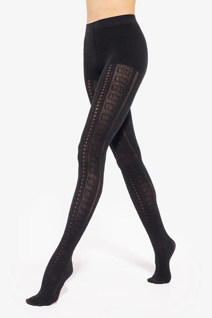 Gatta Fabiane 07 black tights featuring an elegant braided motif, designed for a chic and slim silhouette, available in EU sizes 2-S to 4-L.