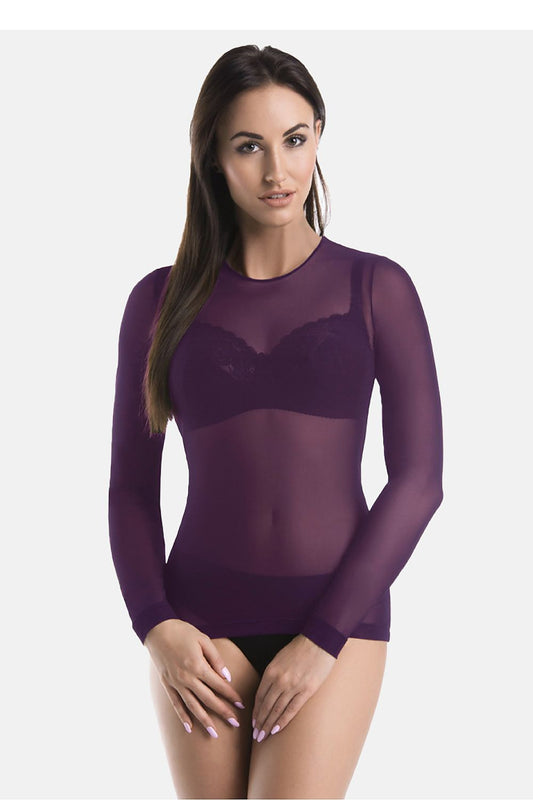 Luxury purple fitted blouse for women by Teyli, crafted from semi-transparent fabric with a flattering silhouette and long sleeves, perfect for elegant evening outings.