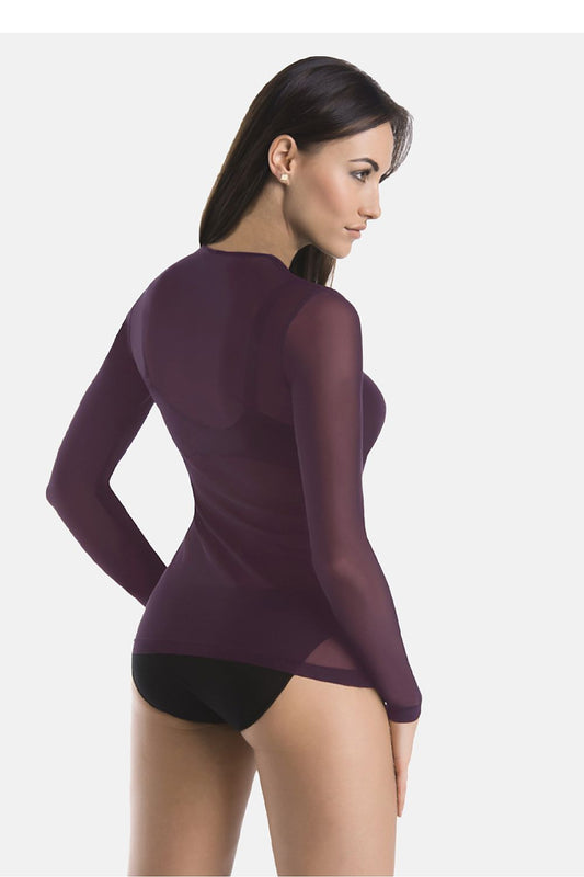 Detailed close-up of Teyli's luxury purple fitted blouse for women, showcasing the semi-round neckline and delicate fabric, ideal for a chic and stylish look.