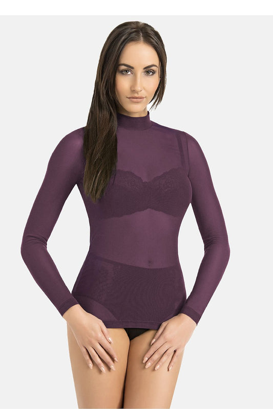 Luxury women's purple turtleneck blouse by Teyli, featuring high-quality mesh fabric, perfect for elegant occasions.
