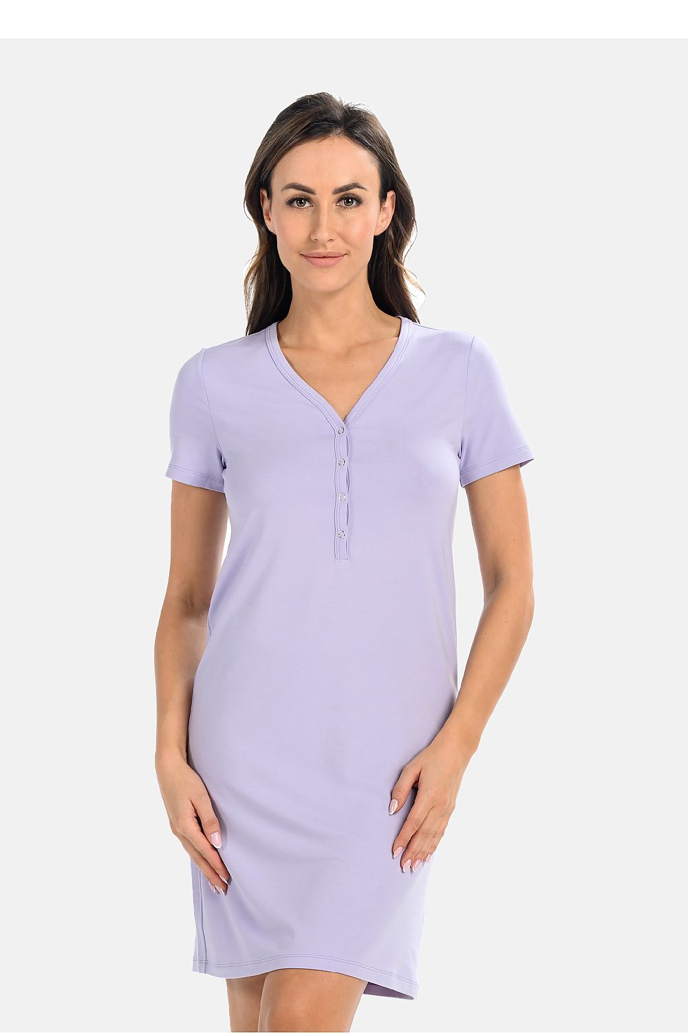 Lavender Women's Nursing Nightshirt by Teyli, showcasing its short sleeves and elegant design, perfect for stylish comfort during nursing.