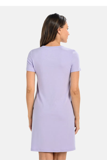 Close-up view of Teyli Lavender Women's Nursing Nightshirt, featuring soft viscose fabric, small front snaps, and feminine silhouette, ideal for mothers.