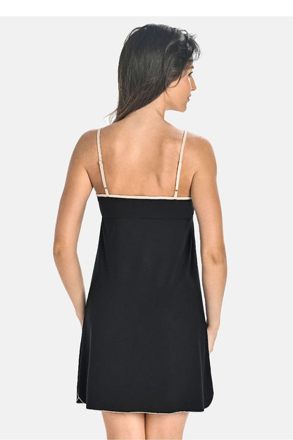 Luxurious black women's nightgown by Teyli featuring adjustable straps and elegant ecru accents, mid-thigh A-line cut, crafted from high-quality breathable material.