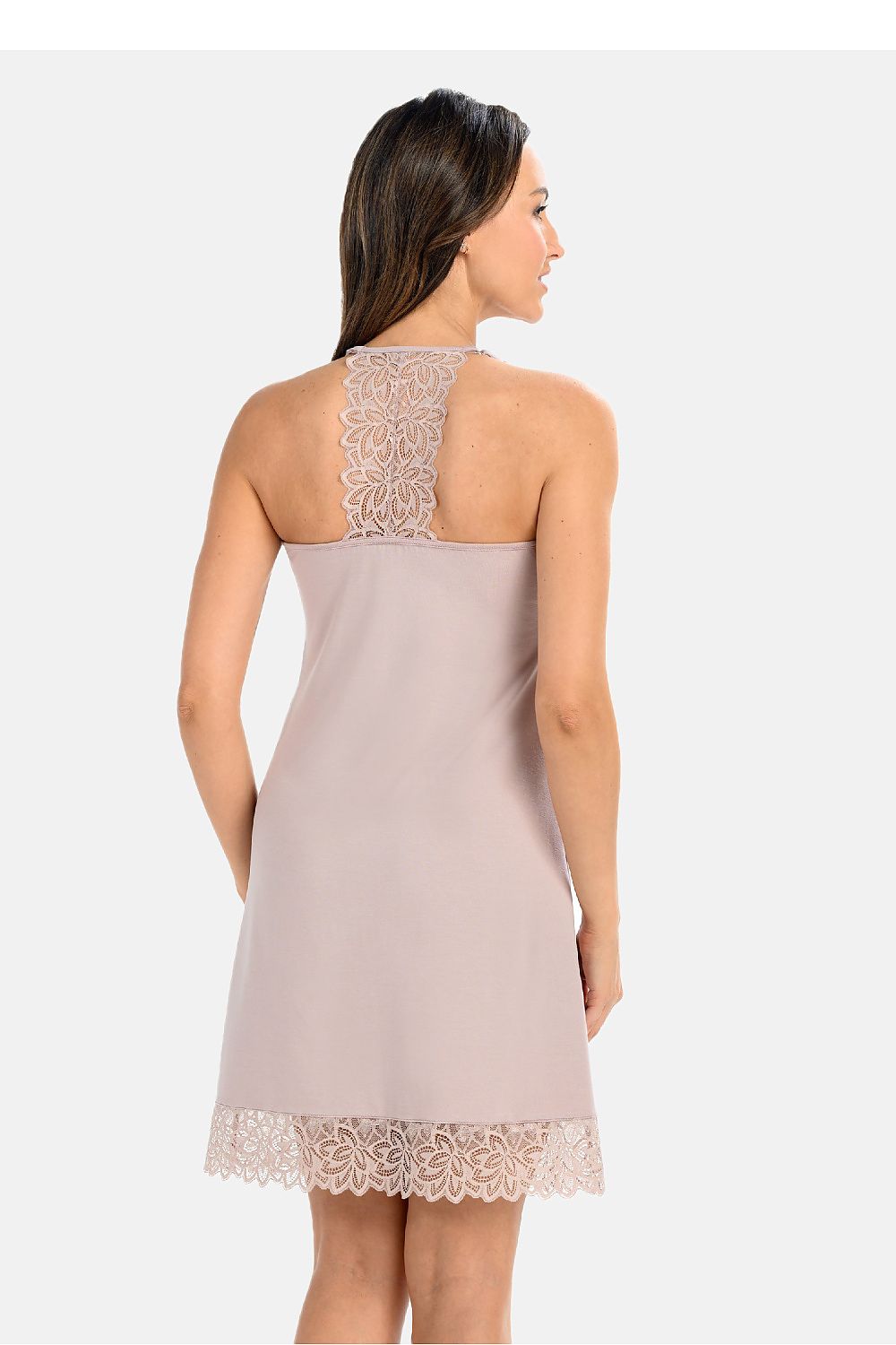 Teyli's beautifully crafted cocoa nightshirt with delicate lace accents, showcasing a perfect fit and adjustable straps for a sophisticated sleepwear experience.