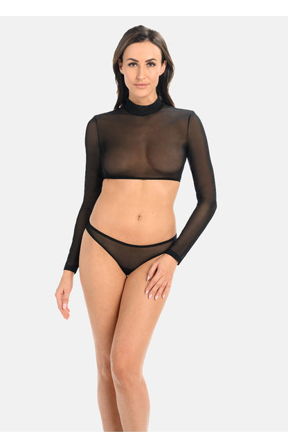 Elegant black mesh long sleeve shirt with open back by Teyli, showcasing intricate design and fitted silhouette, perfect for evening wear.