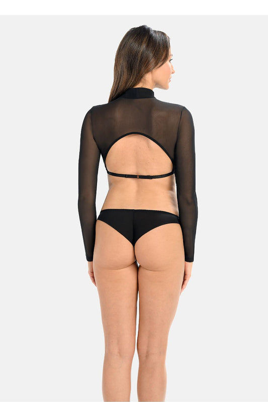 Stylish black mesh shirt with turtleneck and adjustable neckline by Teyli, highlighting luxury materials and a sensual open back design.