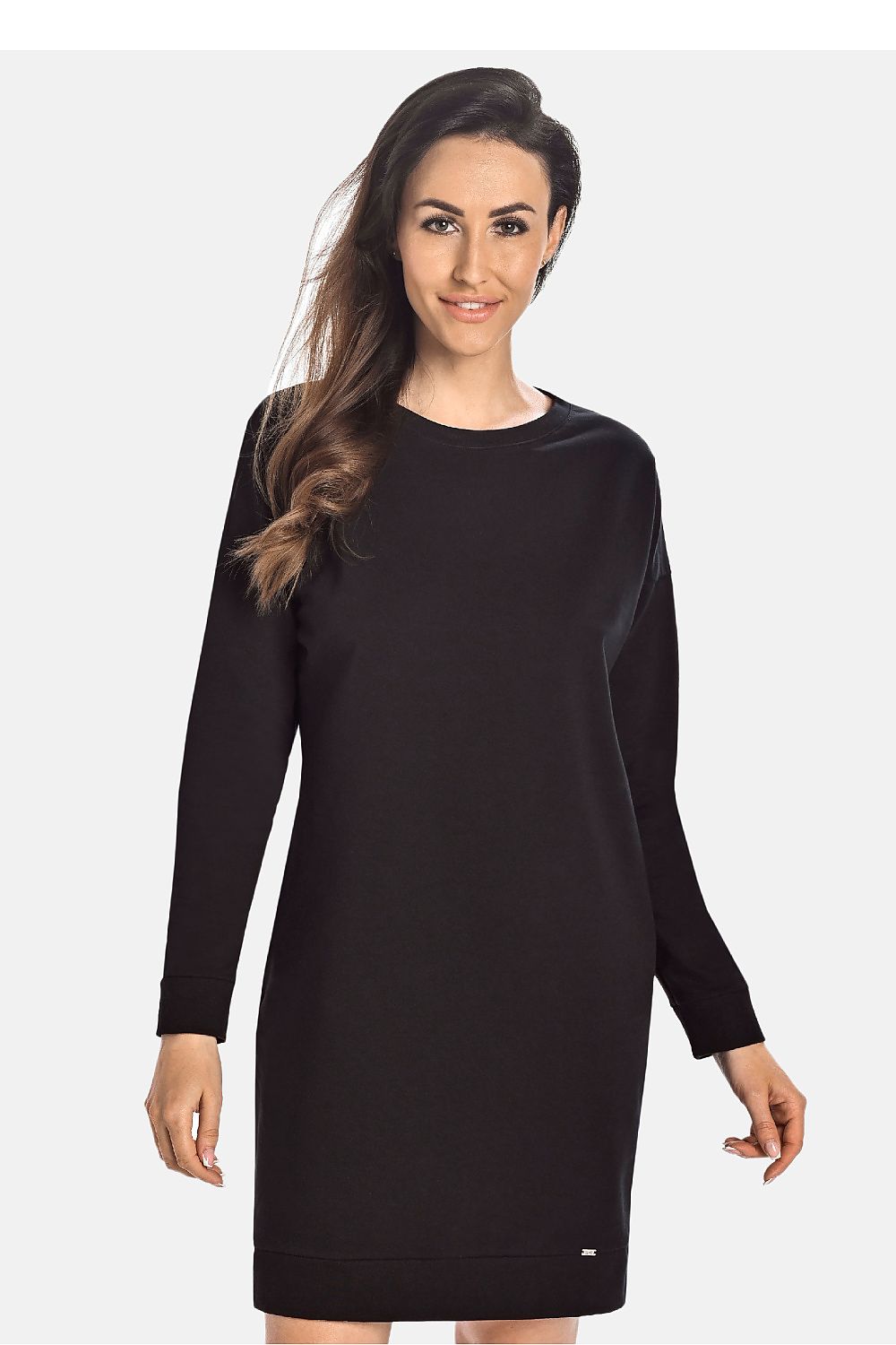 Teyli Women's Elegant Black Cotton Knee-Length Dress showcasing its classic design, featuring two pockets, ideal for stylish comfort in sizes S-XL.