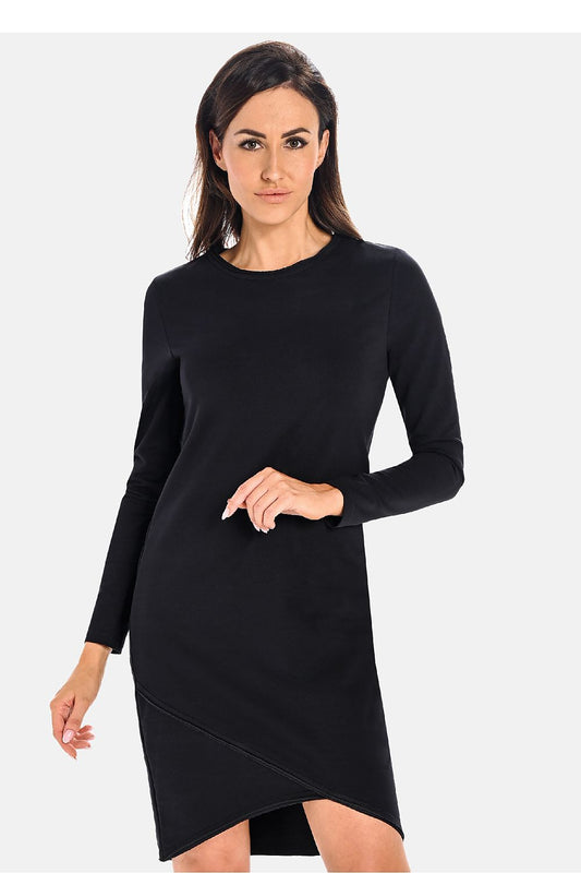 Elegant black cotton dress with Lycra by Teyli, showcasing a fitted silhouette, knee-length design, and long sleeves for a luxurious women's daywear.