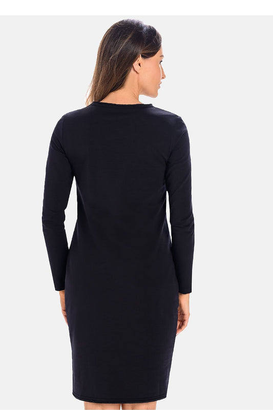 Stylish women's fitted black cotton dress with semi-circular neckline and delicate logo detail by Teyli, perfect for sophisticated everyday elegance.